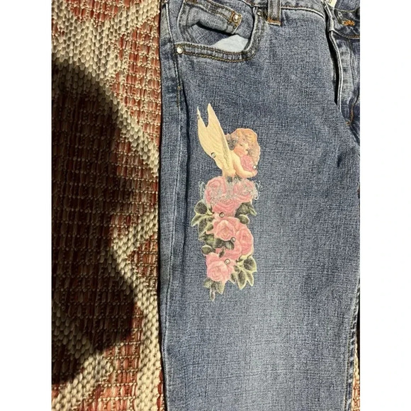 Vintage Y2K Kids Guess Angelic Floral Bejeweled Imagery Boot Cut Jeans Sz 12 - Picture 4 of 7